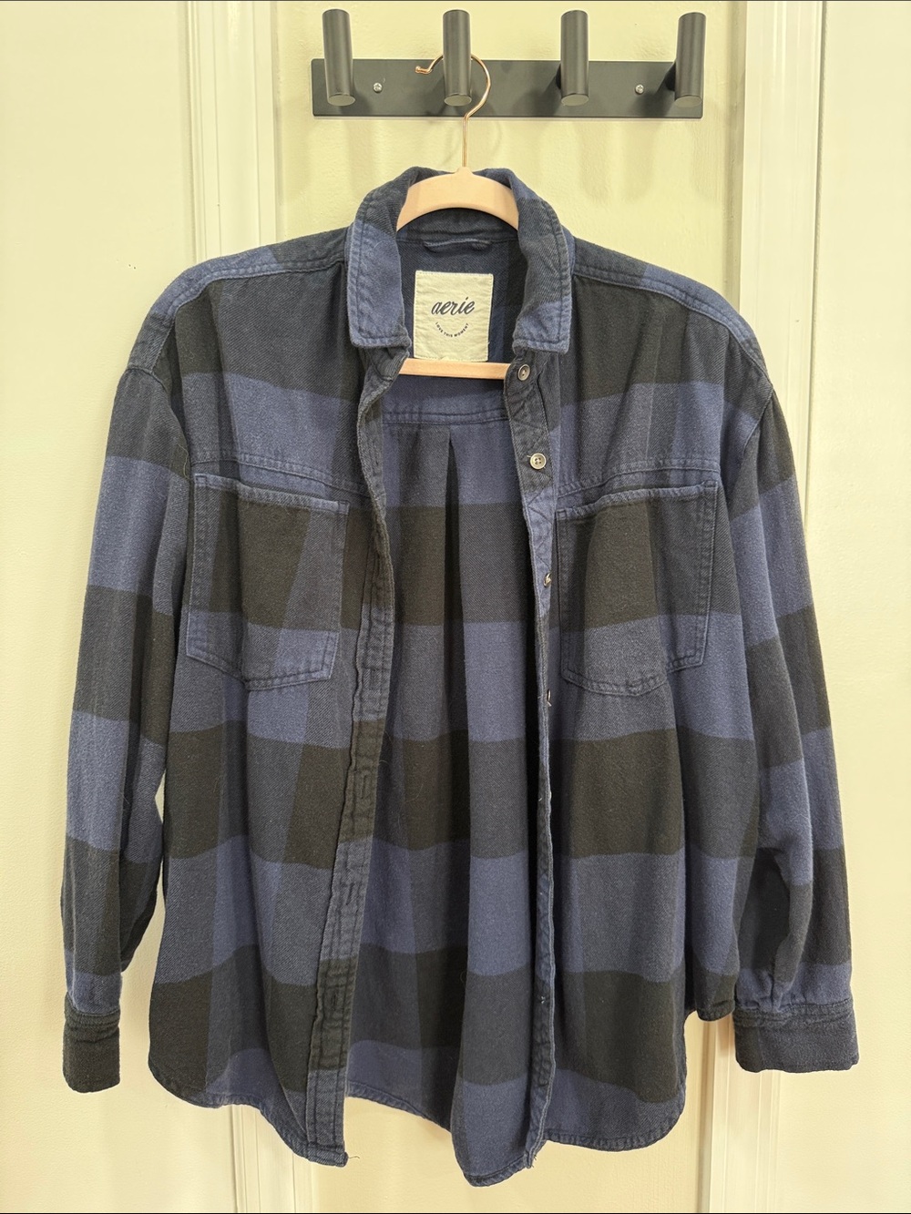 aerie Black and Blue Plaid Lightweight Shirt Jacket